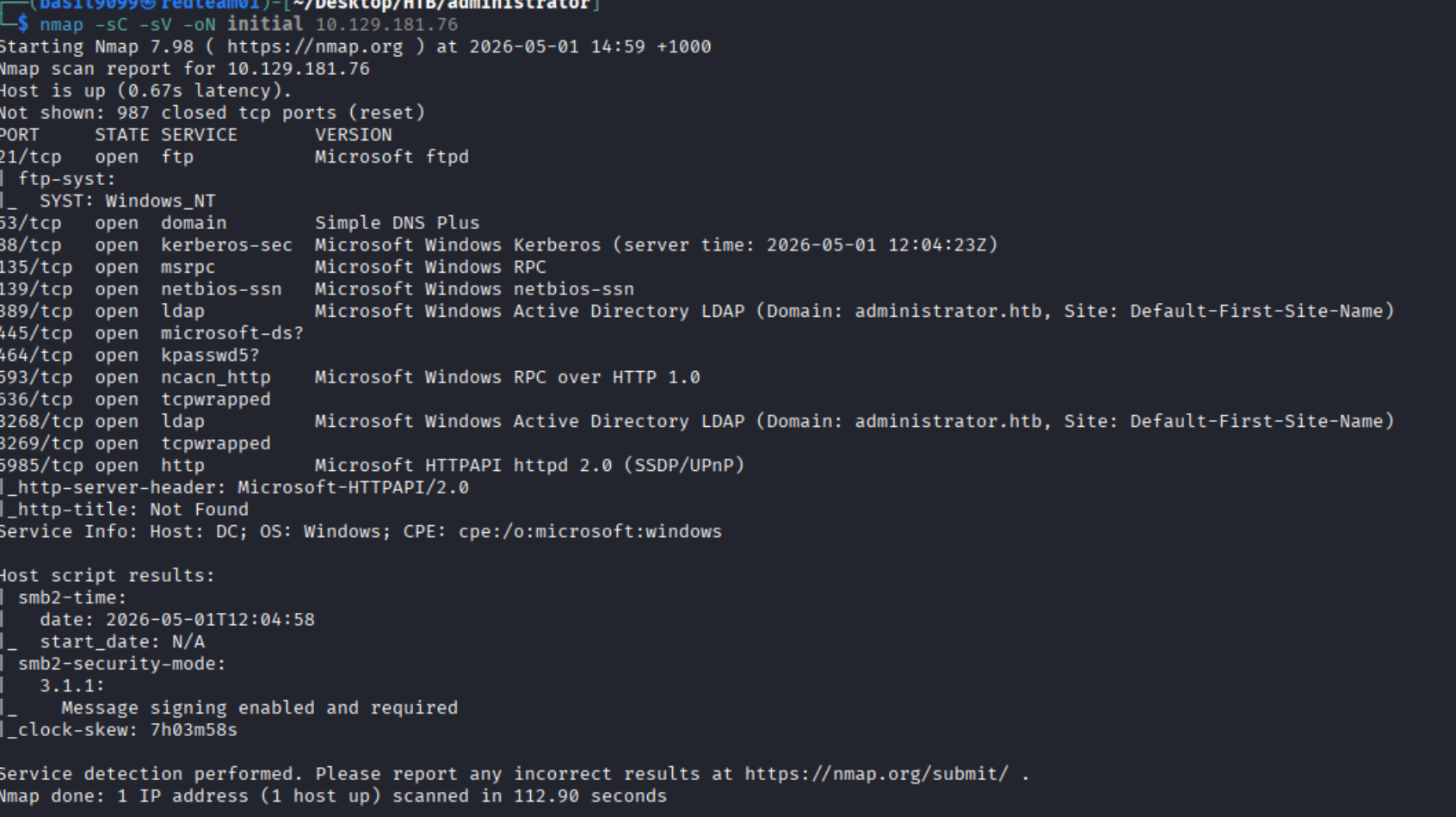 Nmap output showing AD service set on the DC