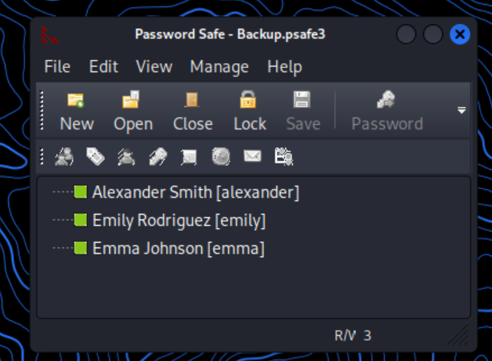 Password Safe vault open showing Alexander, Emily, Emma