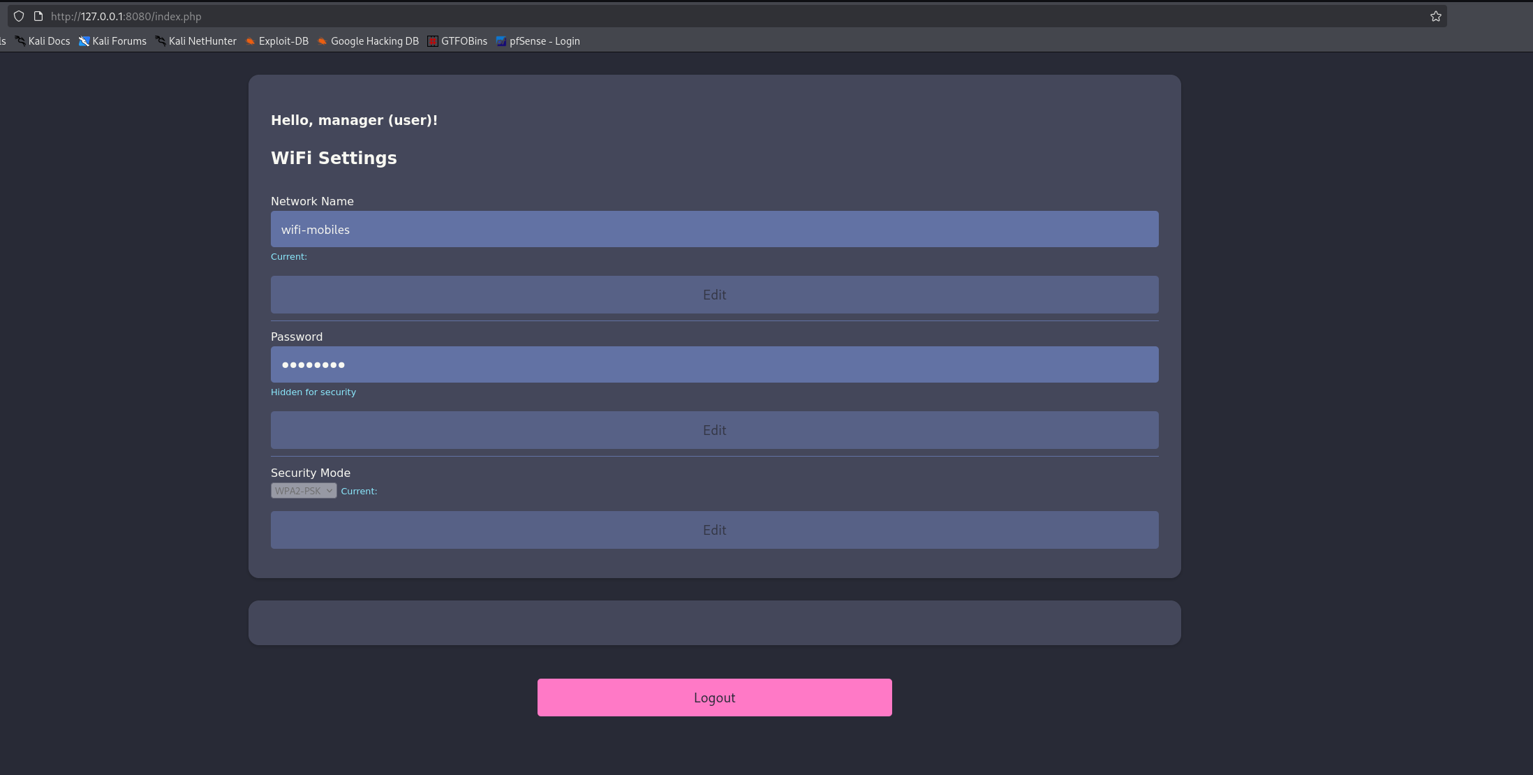 The WiFi settings dashboard reached by reusing the captured session