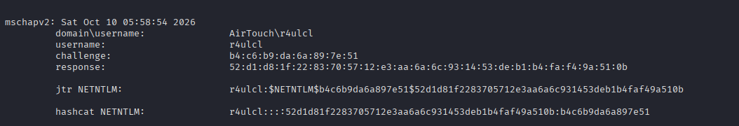 The captured MSCHAPv2 exchange for AirTouch\\r4ulcl