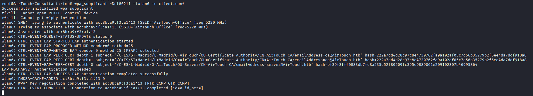 wpa_supplicant authenticating to AirTouch-Office with the cracked EAP identity