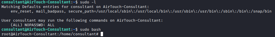 consultant’s unrestricted sudo rule and a root shell
