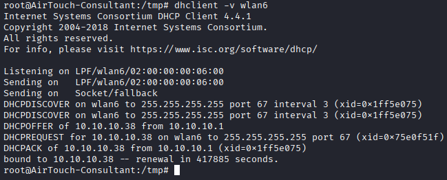 dhclient leasing 10.10.10.38 on the corporate VLAN