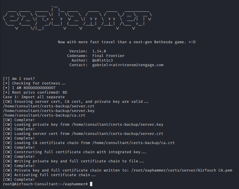 eaphammer importing the real AirTouch CA and server key