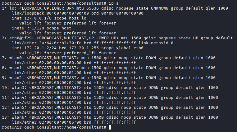 ip a on the consultant laptop showing eth0 and seven wlan interfaces