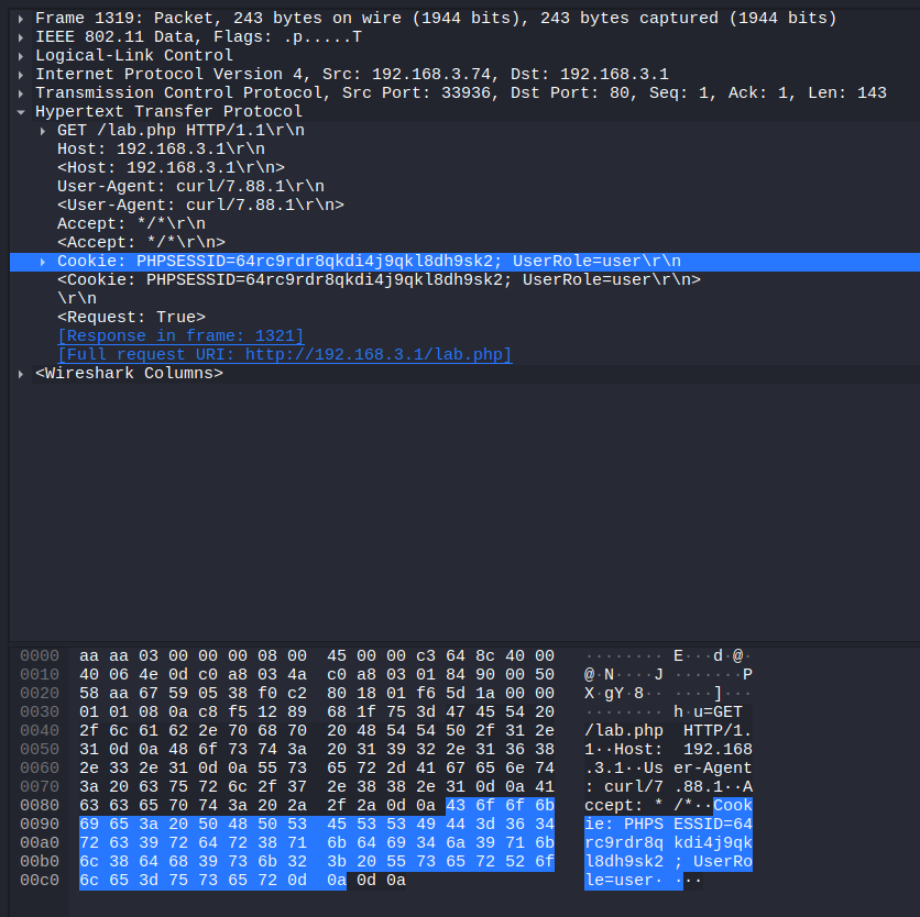 The decrypted request exposing the PHPSESSID and UserRole cookies