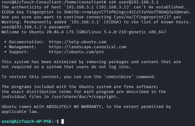 A stable SSH session as user on the AP