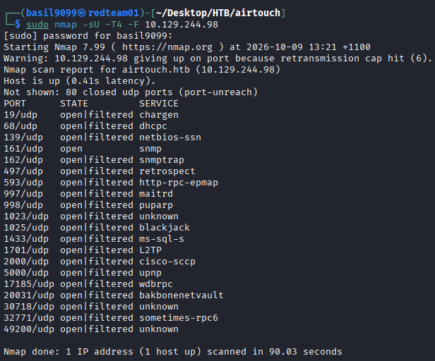 Nmap fast UDP scan with SNMP open on 161