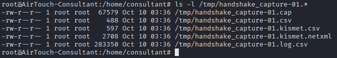 The capture files written by airodump, including the .cap with the handshake