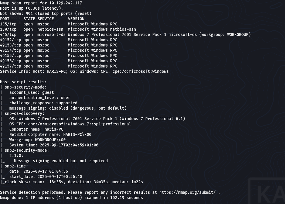 Nmap ports output showing SMB 445 open