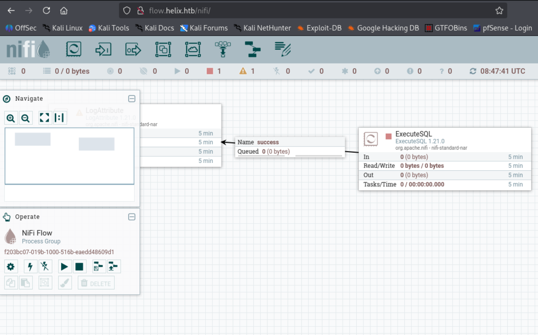 The unauthenticated Apache NiFi canvas at flow.helix.htb