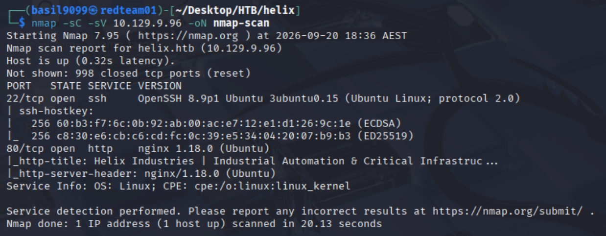 Nmap service scan against Helix
