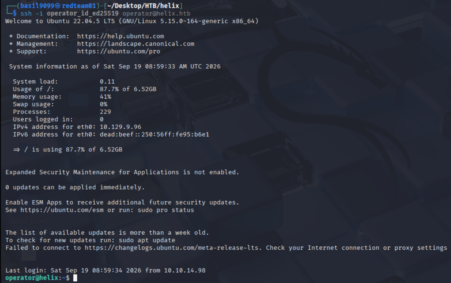 SSH session as operator using the recovered key
