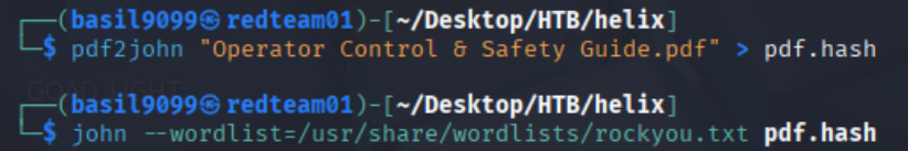 Extracting the PDF hash and running it against rockyou