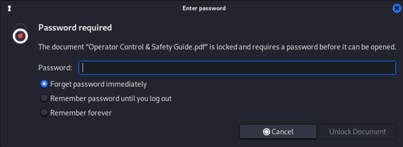 The Operator Control & Safety Guide refusing to open without a password