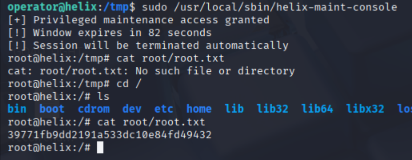 Root shell granted by helix-maint-console and the root flag