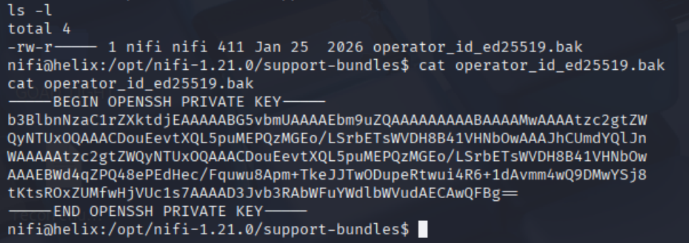 The operator private key staged in NiFi&rsquo;s support-bundles directory