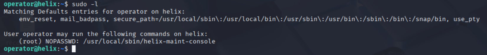 The sudo rule granting operator access to helix-maint-console