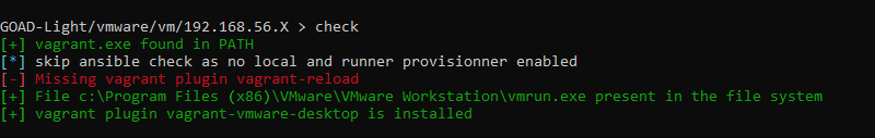 GOAD check output showing the missing vagrant-reload plugin