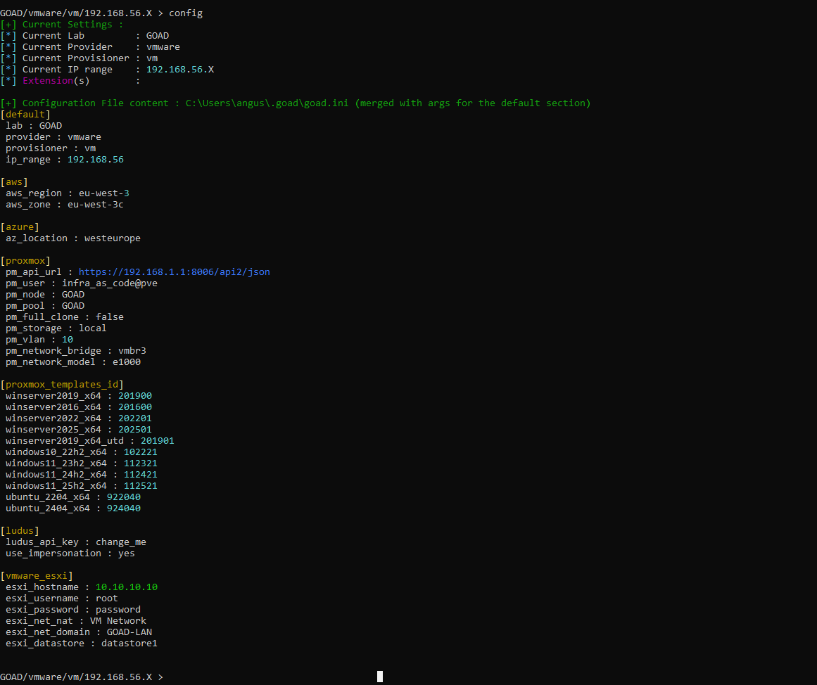 GOAD config output showing current settings and goad.ini