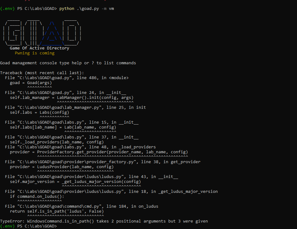 GOAD launcher crashing while loading the Ludus provider