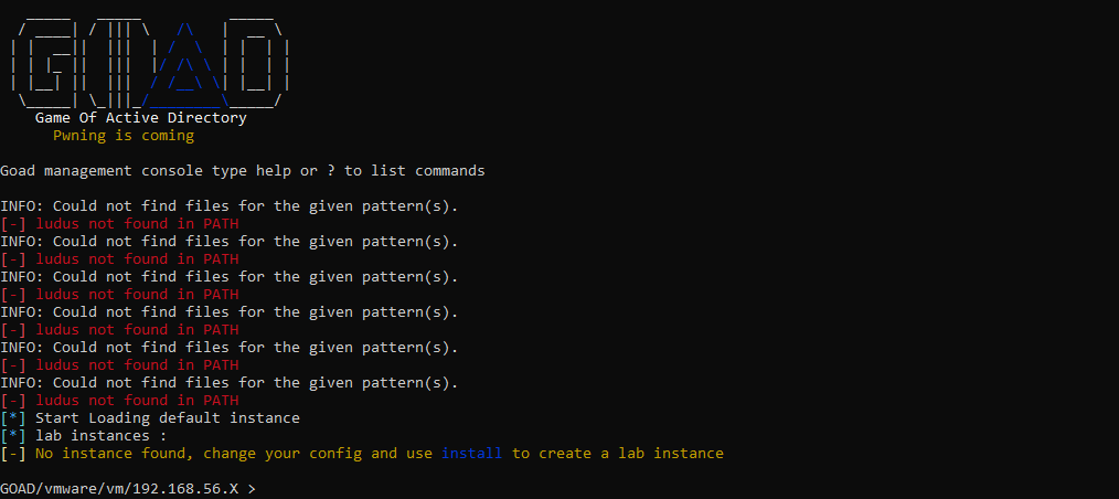 GOAD console loading successfully to the management prompt