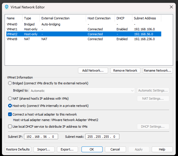 VMware Virtual Network Editor with VMnet2 set to host-only on 192.168.56.0/24 and DHCP disabled