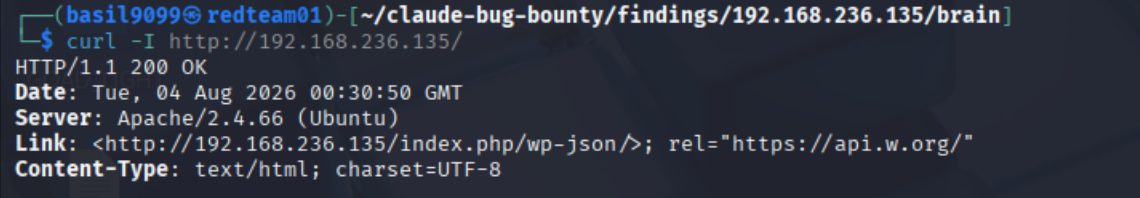 curl -I returning HTTP/1.1 200 OK, with the wp-json Link header showing the CMS is serving from the web root