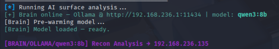 BugHunter connecting to Ollama and starting recon analysis against the target with qwen3:8b