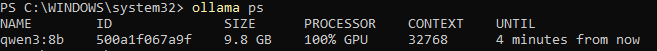 ollama ps showing qwen3:8b running 100% GPU at the full 32K context