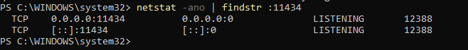netstat after the proper restart: the listener bound to 0.0.0.0:11434 in the Local column