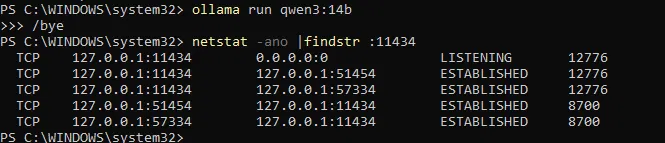 netstat before: the listener bound to 127.0.0.1:11434