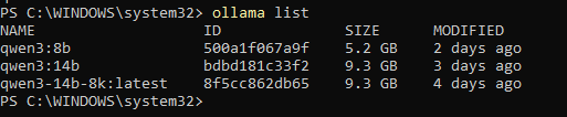 Ollama on the Windows host listing the installed Qwen 3 models