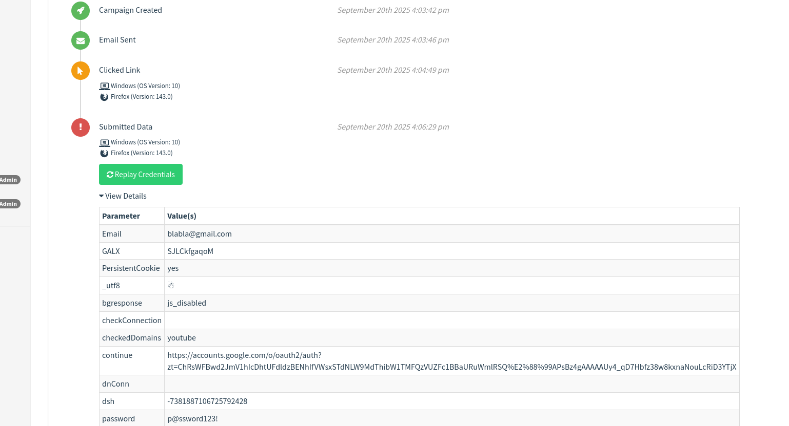 User’s captured credentials on GoPhish