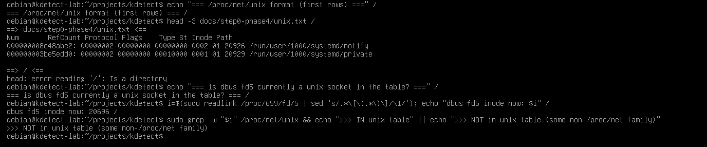 Checking dbus fd5’s inode 20696 against /proc/net/unix and getting NOT in unix table, some non-/proc/net family