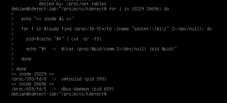 Shell loop resolving inode 15229 to /proc/393/fd/8 owned by vmtoolsd, and inode 20696 to /proc/659/fd/5 owned by dbus-daemon