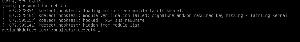 dmesg after loading kdetect_hooktest: loading out-of-tree module taints kernel, module verification failed, hooked __x64_sys_newuname, hidden from module list