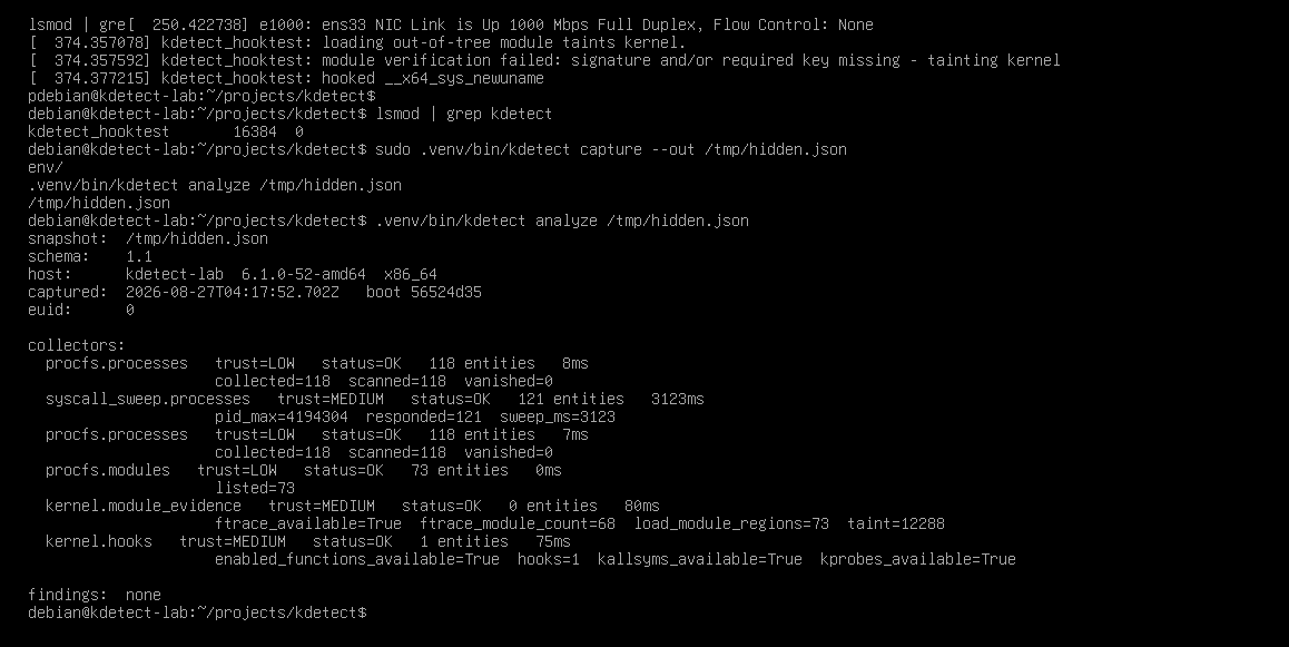 kdetect analyze with kdetect_hooktest loaded and visible in lsmod, 73 modules listed, reporting findings: none