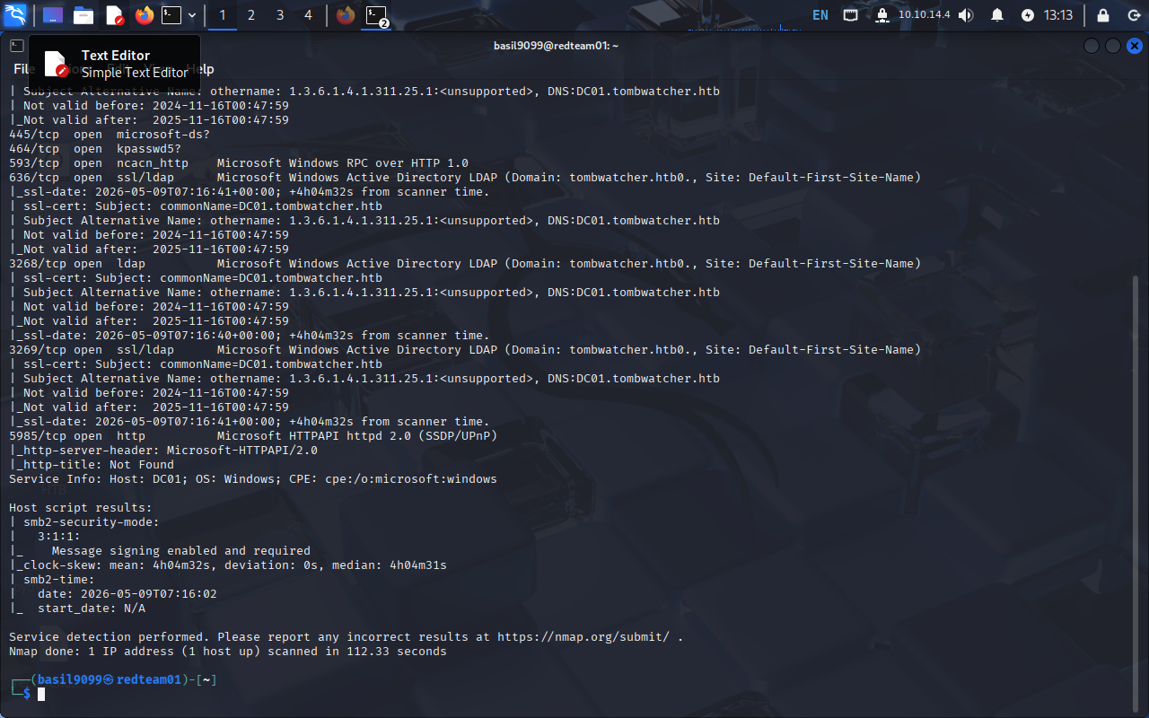 Nmap results enumerating the AD service set